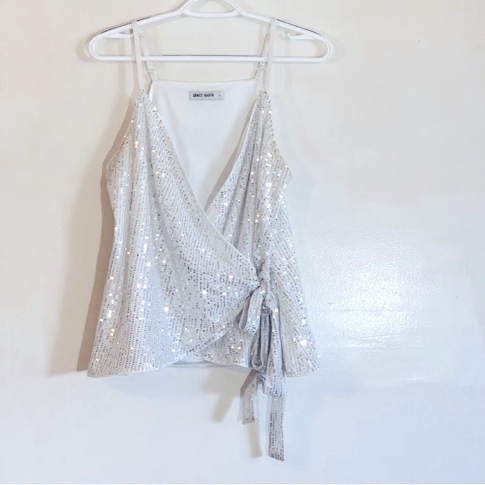 Grace Karin Shimmering Sequin Blouse Lined White Sequins Tie Front Sz Large